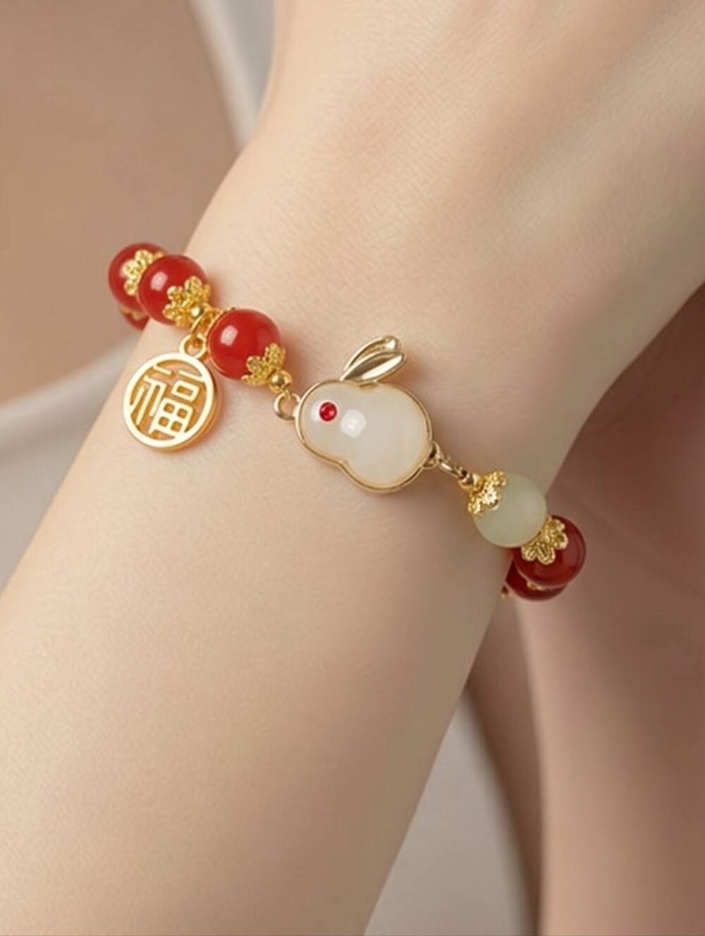 White Bunny Lucky Charm Bracelet 🐰 Red & Jade Glass Beads Gold Coin Stretch